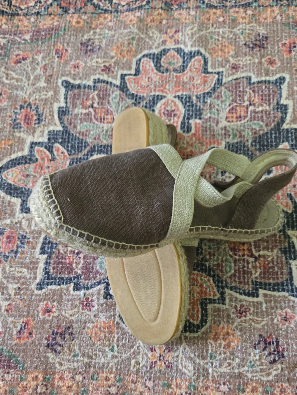 Women’s Brown Canvas Espadrille Slingbacks with Olive Straps